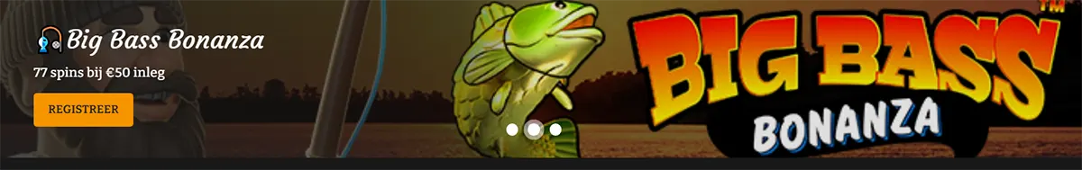 Promotional banner for the Big Bass Bonanza slot game, featuring a large green bass fish and bold game logo, with Dutch text offering 77 free spins on a €50 deposit and a “Register” call-to-action button on a fishing-themed background.