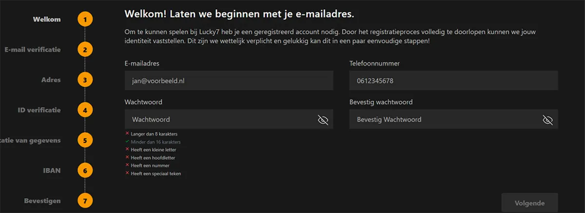 Multi-step online casino registration page in Dutch showing the first step of account setup, with fields for email address, phone number, password and password confirmation, password requirement checklist, and a progress sidebar outlining verification steps on a dark interface.